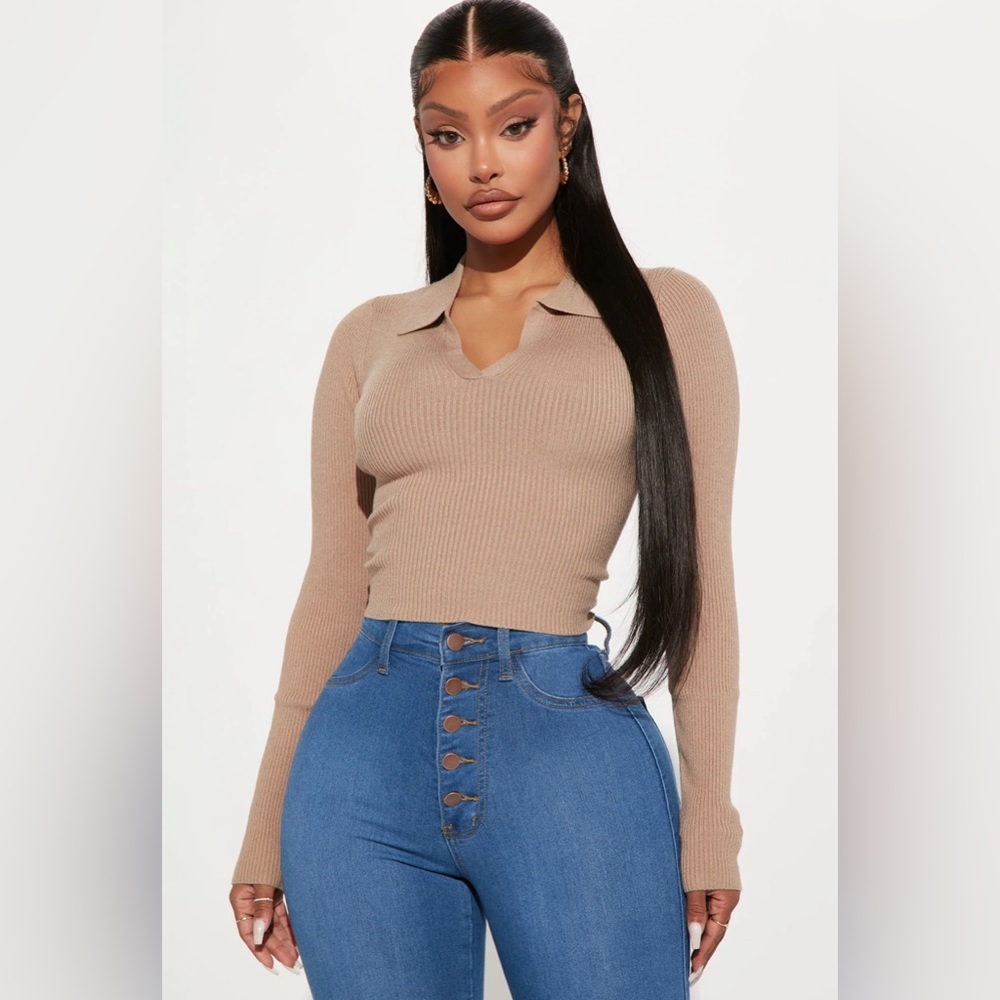 Ribbed Long Sleeve Crop Top - cream